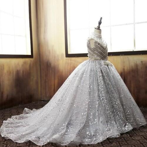 Luxury Gold Flower Girl Dresses Princess Puffy Beaded Kids Clothes Wedding Birthday Party Pageant Ball Gown Little Girls Dresses