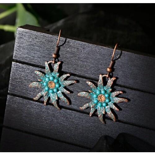 Boho Flower Alloy Drop Earrings Turkish Stone Beads Indian Jhumka Earrings Women Ethnic Vintage Ladies Earrings