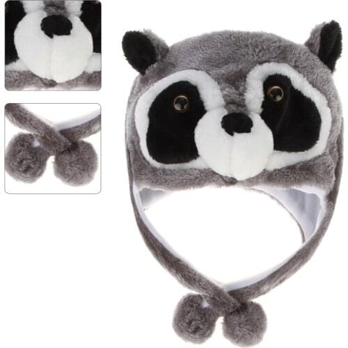 Unisex Winter Fuzzy Plush Raccoon Animal Hat with Pompom Long Straps Snow Ski Warm Earflap Beanie Cap Cosplay Costume