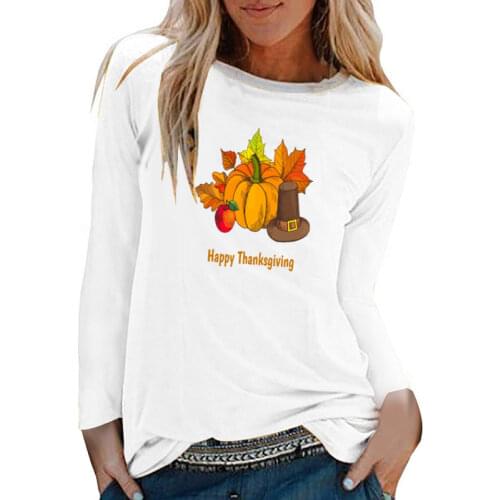 Happy Thanksgiving Pumpkin Hat Apple Print Long Sleeve T-shirts Women Autumn Winter Aesthetic Clothes White O Neck Harajuku Top