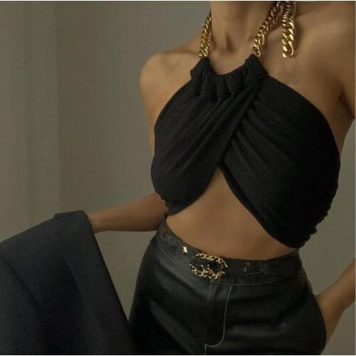2021 Womens Sexy Black Camisole Top Fashion Chain Halter Strap Camis Tops Female Summer Slim Cropped Top Party Clubwear Tanks