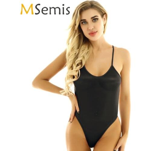 Womens Lingerie See-through Sheer Bodysuit Shoulder Straps Back Crossed High-cut Thong Leotard Stocking One-piece Nightwear