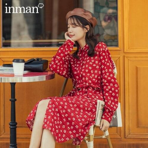 INMAN Autumn Winter Retro Artsy Sweet Style Lady Turn Down Collar Polka Lady Blouse Dress