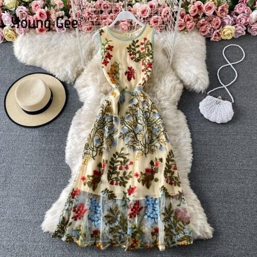 Young Gee Sparkle Flower Embroidery Evening Party Dresses Women Sleeveless O-Neck Long A-Line Mesh Elegant Transparent Dress