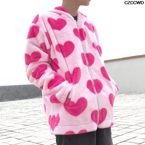 Winter Women Jacket Warm Plush Casual Loose Hooded Coat Mixed Love Printed Color Outwear Faux Fur Zipper Parka Coat 2021 Za