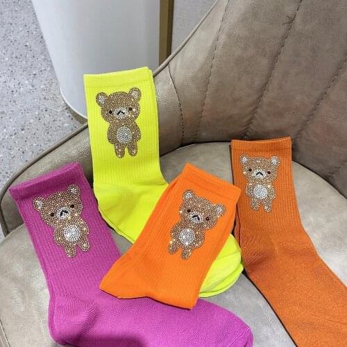 2021 High Quality Fashion Cute Bear Candy Color Rhinestone Crystal Pile Socks Out Women Socks Wholesale