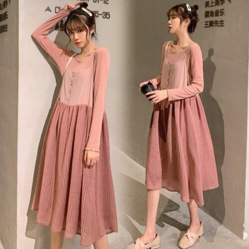 3306# T shirt + Dress Maternity Clothes Loose Stylish Long Sleeves Dress for Pregnant Women Pregnancy Clothes