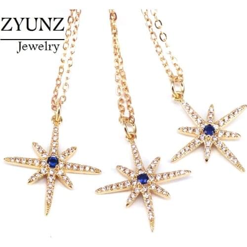 5PCS, Blue CZ gold star pendant necklace - charm - necklace - pendant - cz necklace -star necklace - layering - jewelry