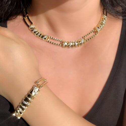 Shining Dubai Gold Jewelry Sets For Women Luxury Zirconia Stone Choker Necklace Bracelet Bridal Wedding African Jewelry Set 2020