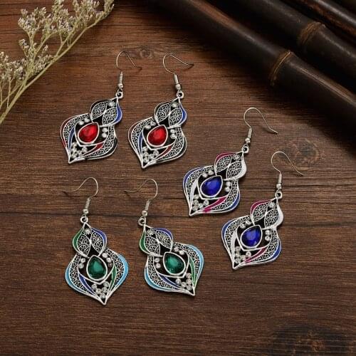 Boho Blue Red Crystal Rhinestone Gourd Shape Earrings For Women Vintage Ethnic Hollow Indian Earring Jhumka