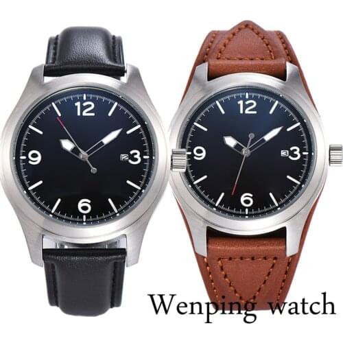 Parnis 44mm New Mens Top Casual Mechanical Watch Black Sterile Dial Luminous Waterproof Leather Strap Mens Automatic Watch
