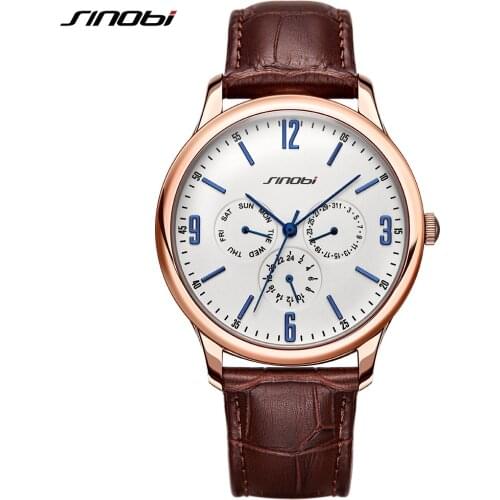 SINOBI Casual Mens Wrist Watches Calendar Week Date Functions Leather Strap Business Males Geneva Quartz Clock Slim Hands Watch