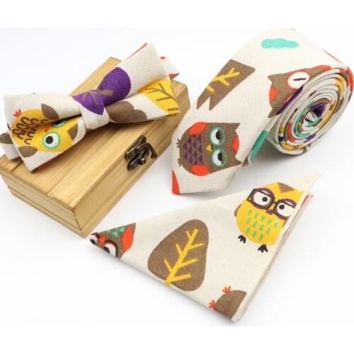 Fruits Animal Cartoon Linen Family Ties Suit 3pcs Tie Bowtie Pocket Square Set Party Necktie Butterfly Handkerchief Accessory