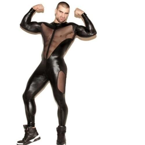 Man Patent Leather Mesh Stitching Jumpsuit Black Sexy Openwork Perspective Bodysuit Fitness Fetish Male Suit