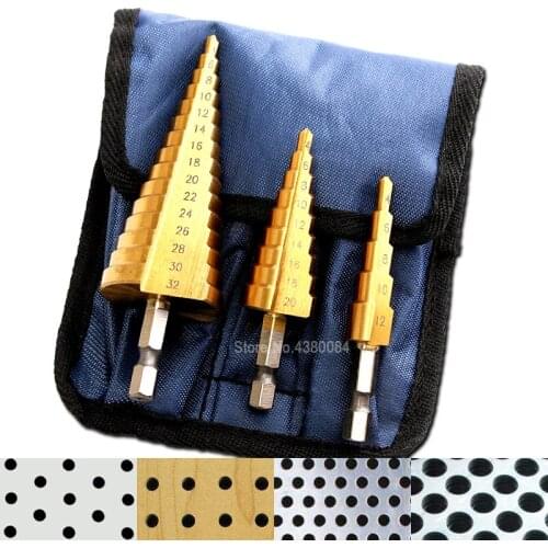 3Pcs Set 4-32/20/12MM Titanium Coating HSS Step Drill Bits 1/4'' Hex Shank Cone Grooved Hole Cutter DIY Punching Power Tools