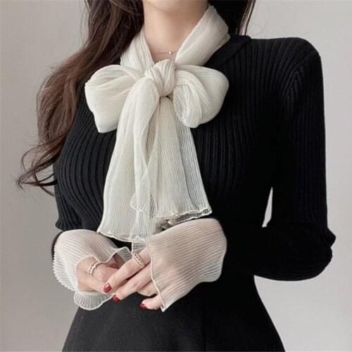 Slim Long Sleeve Bow Black Knitted Sweater Jumpers Lace Up Autumn Fashion White Pullovers Knit Shirt Top Pull Femme Retro Sexy