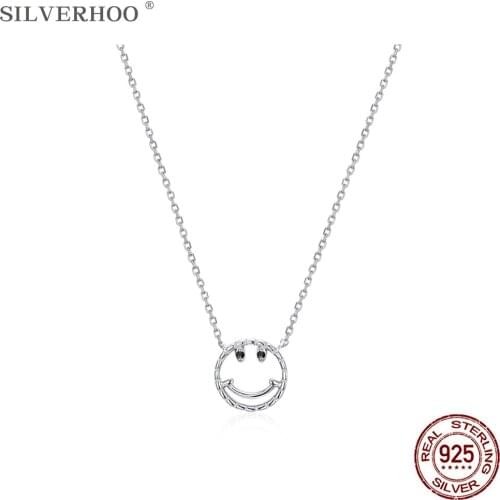 SILVERHOO 925 Sterling Silver Necklaces For Women Smiley Face Zircon Pendant Chains Necklace Hot Selling Fine Jewelry Girl Gift