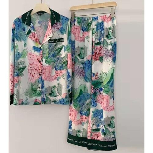 Chinese Style Silk Like Printed Flower Pajamas for Women Long-sleeved Trousers Soft and Fashionable Home Clothes Satin 2 Piece