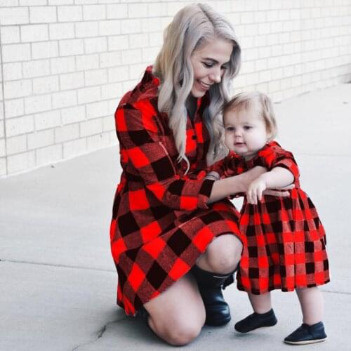 Woman Dress Baby Girls Plaid Turn-Down Collar/Round Neck Long Sleeve Dress Kids Mom Christmas Dress