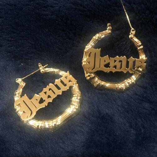 Custom Name Confidante Earring Spiritual Bamboo Hoop Earrings 40-90mm Stainless Steel Jewelry for Women Presents Free Shipping