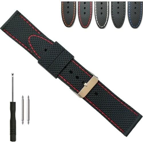 18mm 20mm 22mm 24mm Stitching Silicone Rubber Watch Band Soft Black Contrast Stitched Strap for Fashion Casual Watches