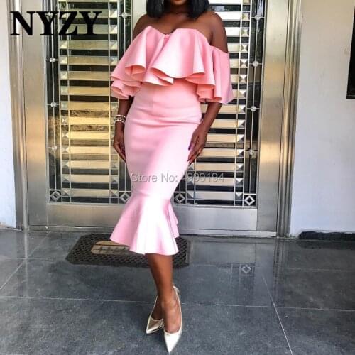 NYZY C121 Pink Satin Mermaid Ruffles Cocktail Dress for Wedding Party Graduation Homecoming robe de soiree vestidos coctel 2019