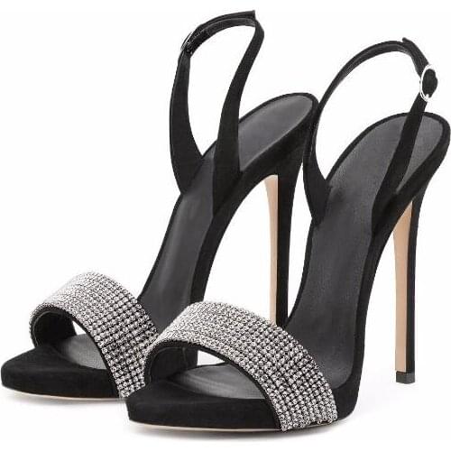 Silver blingbling rhinestone strap high heel sandal buckle black red silver color plus size US 10 customize make