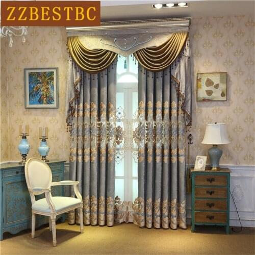 Modern High Quality Luxury Velvet Blue And Coffee Color Melange Embroidered Living Room Curtains With Valance For Bedroom