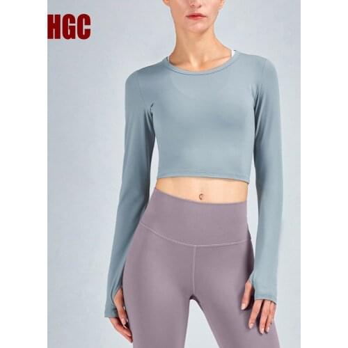 Sports Top Women Naked-feel Fabric Long Sleeve Round Neck Fitness T-shirt Push-up Workout Elastic Dry Fit Yoga Blouse HGC