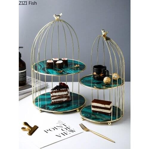 Bird Cage Storage Rack Marble Texture Double Layer Tempered Glass Metal Decorative Trays Dressing Table Cosmetic Display Rack