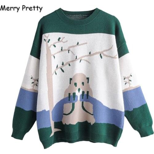 MERRY PRETTY Womens Cartoon Embroidery Green Knitted Sweaters 2020 Winter Thick Warm Long Sleeve O-Neck Jacquard Pullover