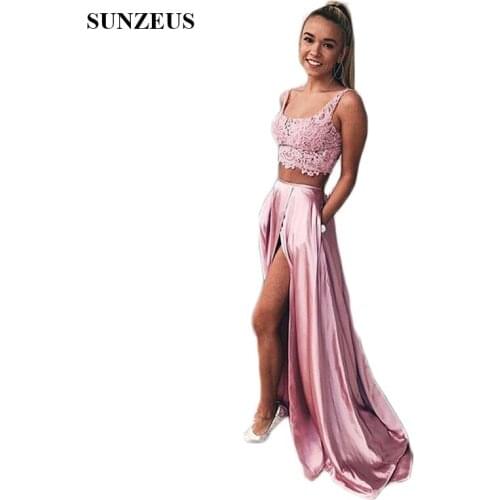 Crop Top A-Line Prom Dresses 2 Pieces Lace Prom Gowns Pink Satin Skirt with Pockets High Leg Slit Graduation Dress Long Backless