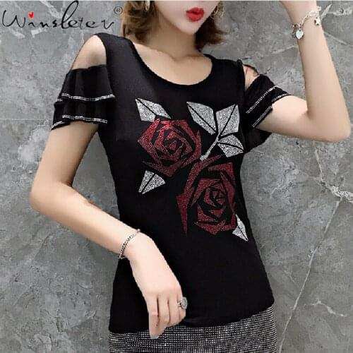 Summer Korean Clothes T-shirt Fashion Diamonds Women Cotton Tops Ropa Mujer Short Sleeve Sexy Back Patchwork Mesh Tees T06632
