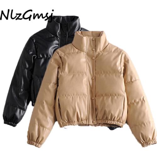 Nlzgmsj Za Women Fashion Faux Leather Parkas Thick Warm Jacket Padded Coat Vintage Long Sleeve Pockets Female Outerwear Chic Top