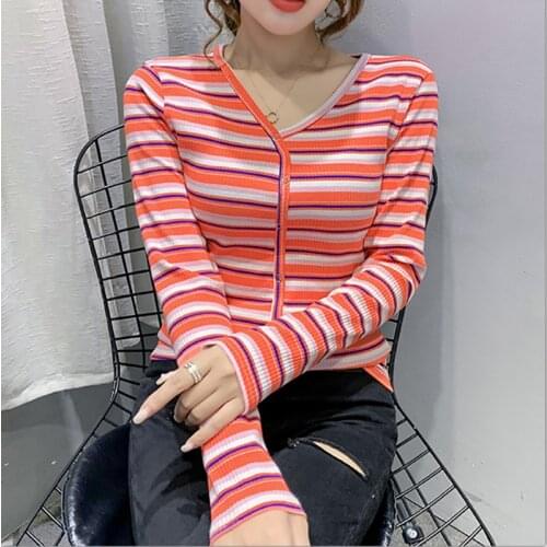Button Striped Long Sleeve T Shirt Women Slim T-shirt Cotton 2021 Spring Autumn Tops V-Neck Korean Clothes Woman Tee Shirt Femme