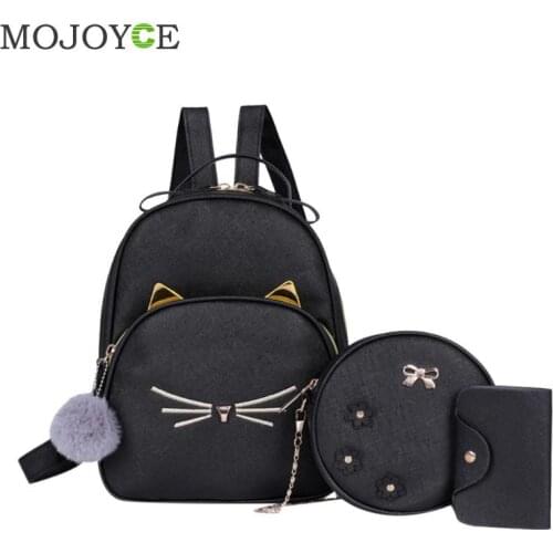3pcs/set Fashion Composite Bags Cat Print Travel Backpacks Chain Shoulder Bags Women Casual PU Leather Knapsack
