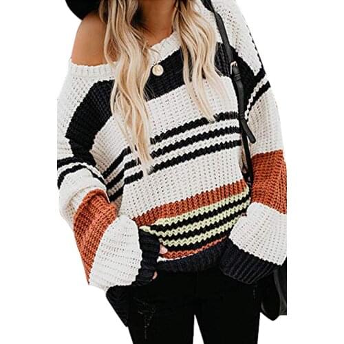 Blue/Black/Orange Striped Pattern Knit Sweater Top Women Sexy Casual Striped and Colorblock Long Sleeve Loose Sweater Tops
