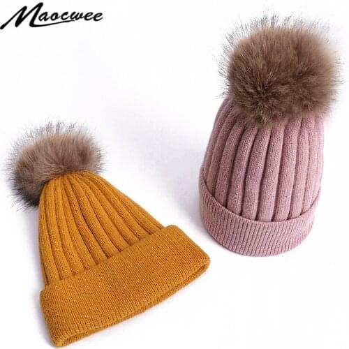 Winter Faux Fur Pompon Hat For Women Knitted Wool Warm Beanie Hats Fashion Thick Solid Ski Caps Female Outdoor Skullies Beanies