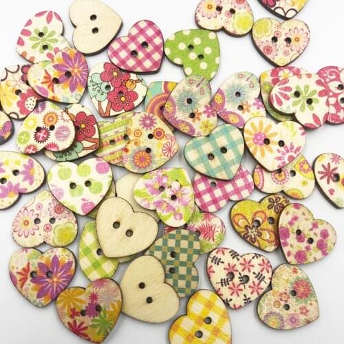 25pcs Mixed Heart Flower Pattern Painting Wood Sewing Buttons 25mm WB744