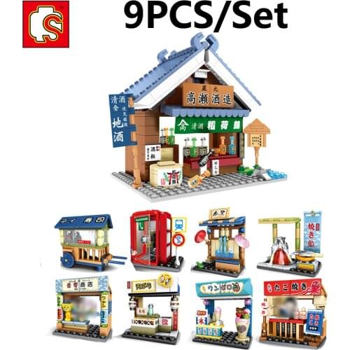 9Pcs/Set Sembo Japan City Architecture Japan Sakura Street Distillery Brewery Sake Store Mini Blocks Building Shop