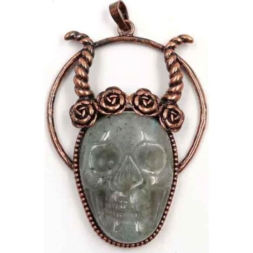 FYSL Antique Copper Wire Wrap Labradorite Stone Skull Head Pendant for Halloween Day Jewelry