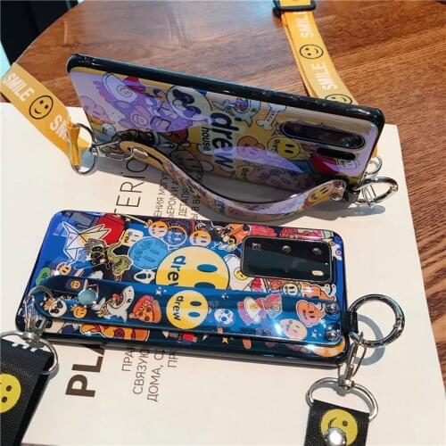 Funny Smiley Face Phone Case for Samsung A51 A71 A70E A41 A21 A01 A10S Justin Bieber Soft TPU Back Cover with Crossbody Lanyard