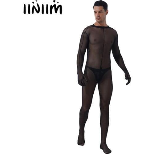 Black Mens See-through Mesh Bodystocking Sexy Zipper Crotch Bodysuit Underwear Sheer Skinny Jumpsuits Nightclub Exotic Costumes