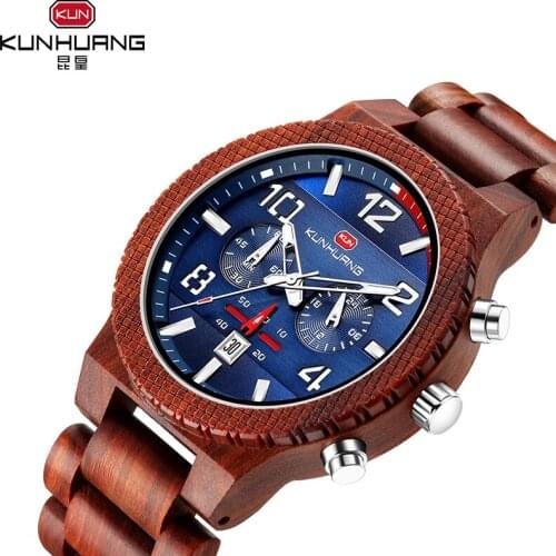 KUNHUANG Wooden Quartz Wristwatch Mens Sport Watch Business Wood Male Watches Man Bracelet Bangle Husbands Chronograph