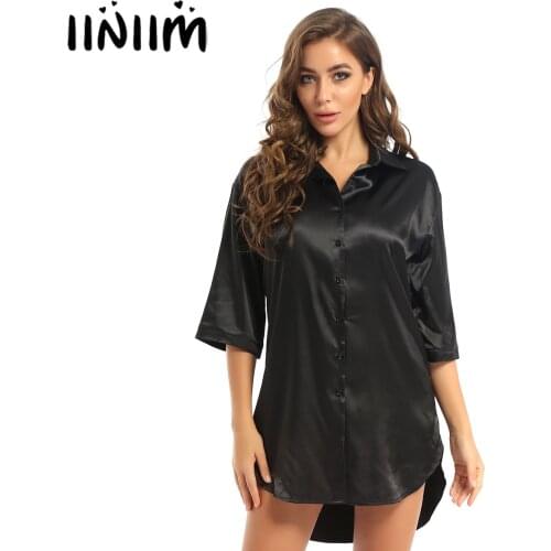 Women Soft Satin Loose Pyjamas Shirts Sleepwear 3/4 Sleeve Boyfriend Style Turndown Collar Nightgowns Sleepshirt Loungedress