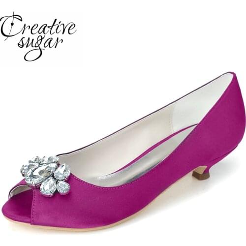 Creativesugar Elegant satin evening dress shoes with crystal big stones open toe kitten heels wedding party prom slip on pumps