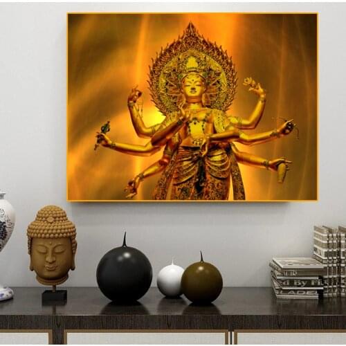 Golden Thousand-Hand Guanyin Statue Canvas Painting Buddhism Wall Art Posters Prints Pictures for Living Room Home Decoration