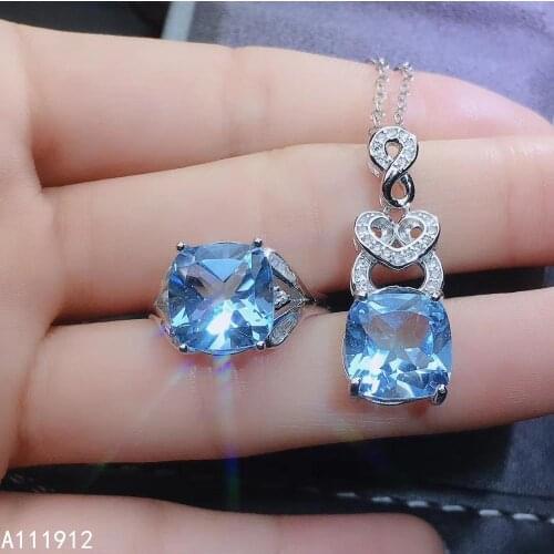 KJJEAXCMY fine jewelry natural blue topaz 925 sterling silver women pendant necklace chain ring set support test popular