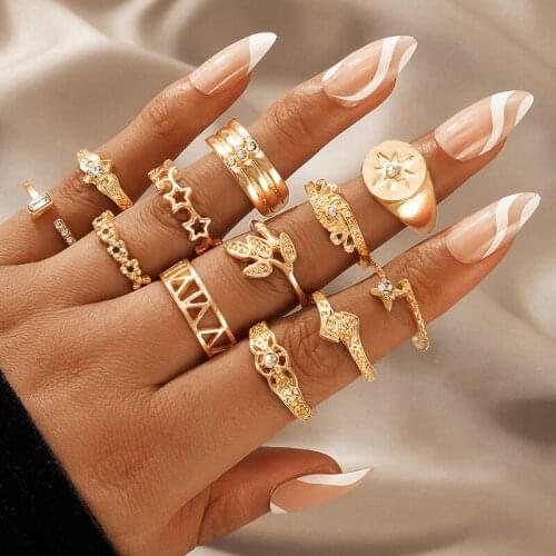 Docona 12pcs/set Vintage Crystal Star Flowers Open Ring Set for Women Hollow Geometry Stone Ring Bohemian Jewelry Anillo 14306