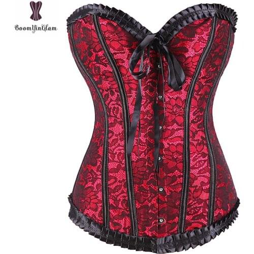 Lace Overlay Overbust Corset Front Buckle Closure Lace Bow Corselet Plastic Boned Club Wear Bustier Top Cosplay Women Clothing
